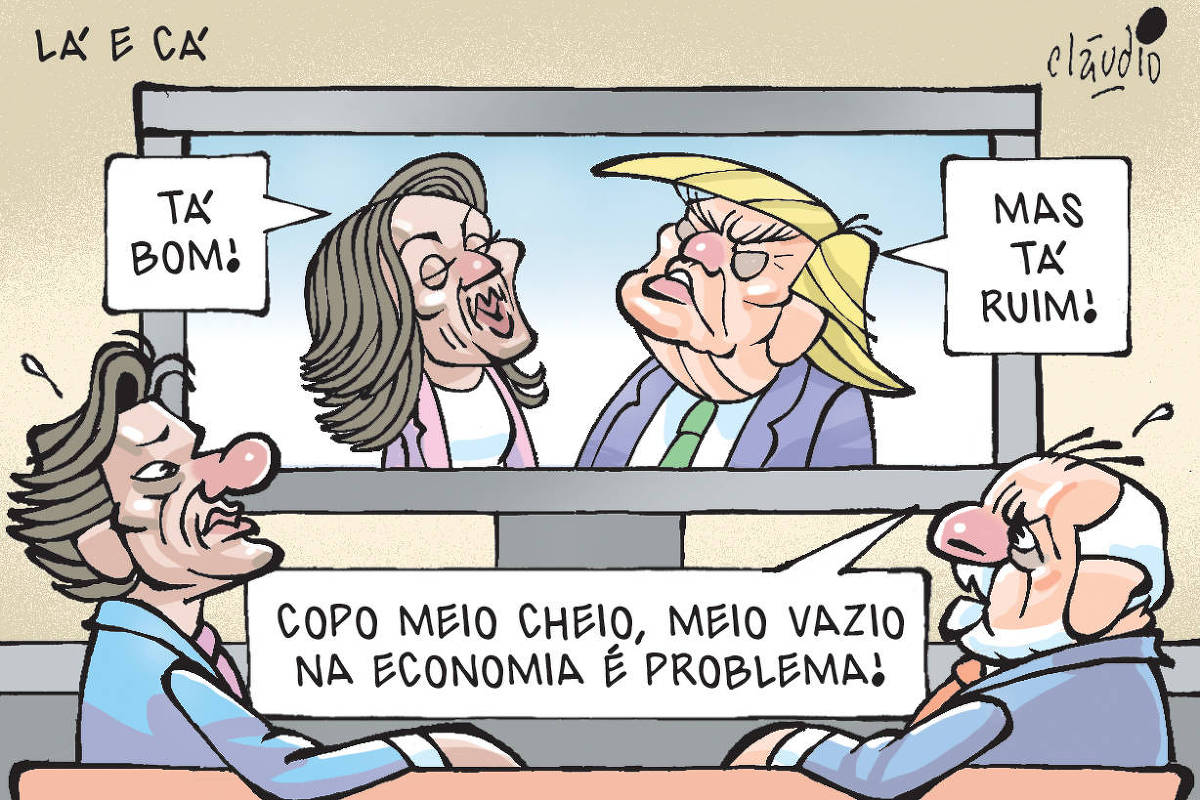 “Lá e cá” é o título da charge de Cláudio. O desenho mostra Lula e o ministro da Fazenda, Fernando Haddad, vendo televisão. Na tela estão Kamala Harris e Donald Trump. Kamala diz para Trump: "Tá bom!". Trump contesta: "Mas tá ruim!". Lula comenta: "Copo meio cheio, meio vazio na economia é problema!".