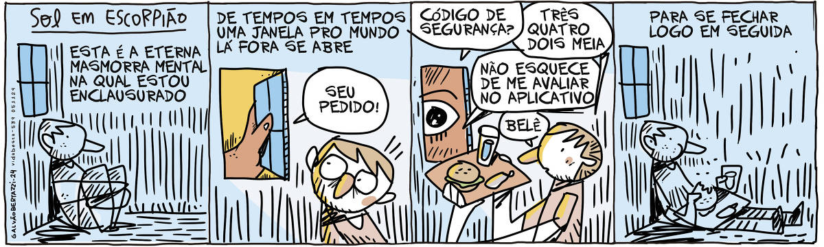 A tira de Galvão Bertazzi se chama SOl em escorpião e está dividida em quatro quadros. No primeiro quadro uma homem está sentado num quarto escuro. Há uma pequena janela na parede. A legenda diz: Esta é a eterna masmorra mental na qual estou enclausurado. No segundo quadro a legenda diz: De tempos em tempos uma janela pro mundo lá fora se abre. O desenho da janelinha sendo aberta por uma mão gigante. Uma voz lá de fora diz: Seu pedido! No terceiro quadro uma o homem recebe uma bandeira com um sanduíche e uma bebida e a voz lá fora diz: Código de segurança? O homem responde: Três quatro dois meia. A voz lá fora diz: Não esquece de me avaliar no aplicativo. O homem responde: Belê. No quarto quadro temos a legenda: Para se fechar logo em seguida. O desenho do homem agora, novamente sentado e comendo seu sanduíche na masmorra escura. A janela está novamente fechada.