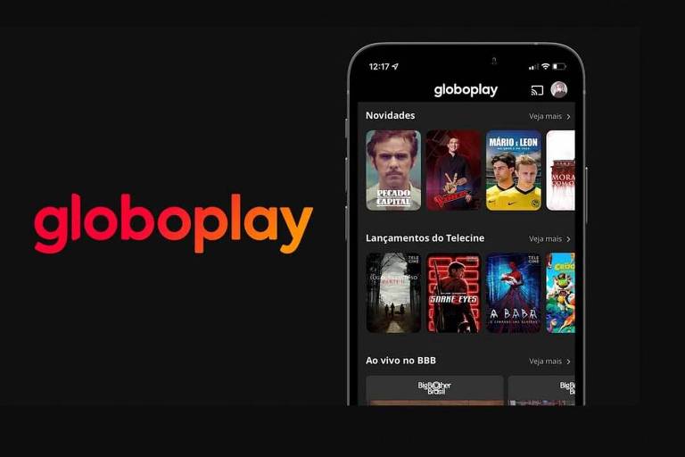 Logo e display do Globoplay, serviço de streaming da rede Globo