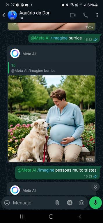 A imagem mostra uma pessoa sentada em um banco de parque, com um cachorro ao seu lado. A pessoa está usando uma camiseta azul e tem uma aparência grávida. O ambiente é ao ar livre, com árvores e grama ao fundo.