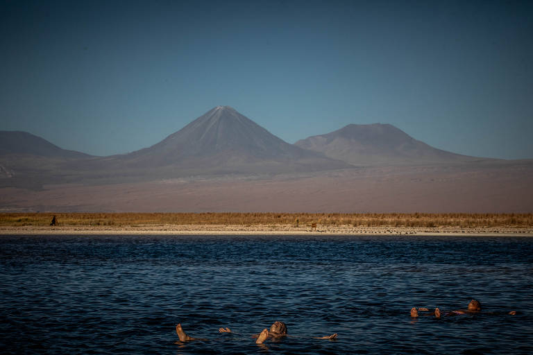 A imagem mostra um corpo d'água com pessoas flutuando. Ao fundo, destacam-se montanhas com picos cobertos de neve. A vegetação é escassa e há uma faixa de terra clara na margem do lago. O céu está limpo, com um tom azul claro.