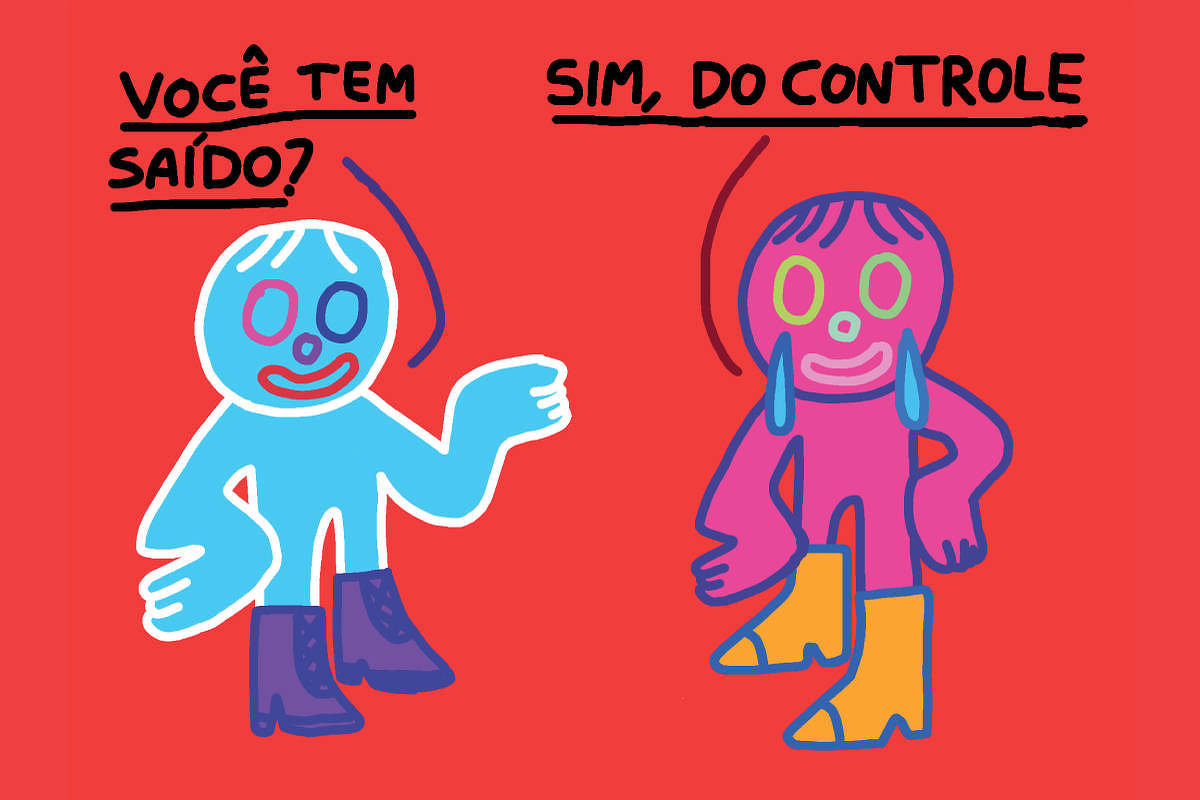 A imagem apresenta dois personagens estilizados em um fundo vermelho. O personagem à esquerda é azul, com botas roxas, e faz uma pergunta: 'VOCÊ TEM SAÍDO?' com expressão feliz. O personagem à direita é rosa, com botas amarelas, e responde: 'SIM, DO CONTROLE' e está com duas lágrimas no rosto.