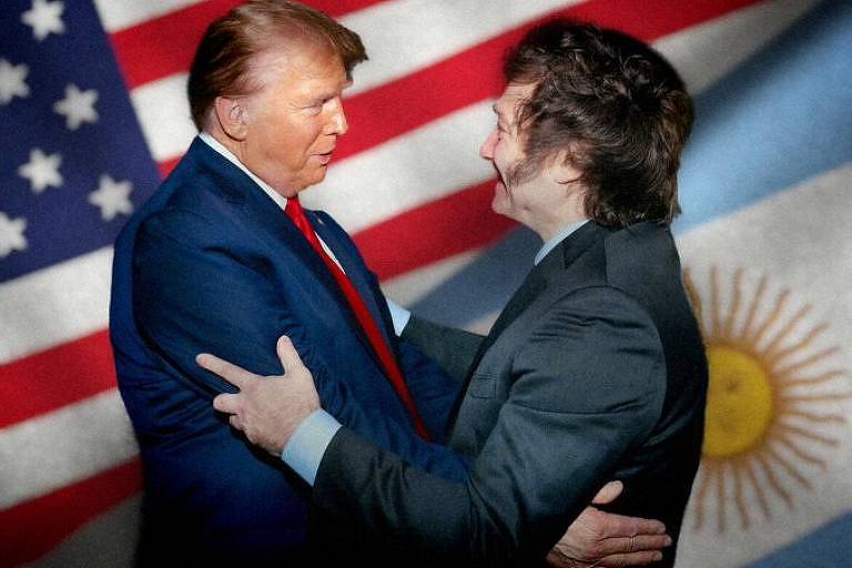 A imagem mostra duas pessoas se abraçando em um fundo com bandeiras dos Estados Unidos e da Argentina. A pessoa à esquerda tem cabelo liso e usa um terno azul com uma gravata vermelha. A pessoa à direita tem cabelo escuro e usa um terno preto. Ambos parecem estar sorrindo e em um momento de confraternização.