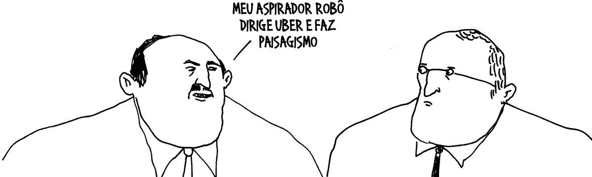 A tira de André Dahmer, publicada em 11.06.2024, tem apenas um quadro. Na cena, dois homens conversam. Um dele diz: "Meu aspirador robô dirige Uber e faz paisagismo".