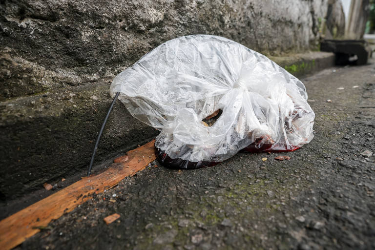 Saco com sangue e itens recolhidos após limpeza do local