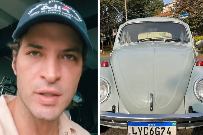 Montagem de um homem branco e um carro do modelo fusca na cor azul