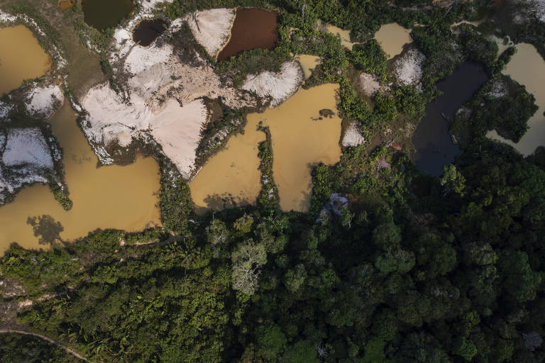 Imagem aérea mostrando uma área de mineração com várias lagoas de diferentes cores, incluindo tons de amarelo, marrom e branco, cercadas por vegetação densa. A parte inferior da imagem apresenta uma floresta verde, contrastando com as lagoas e a terra exposta.