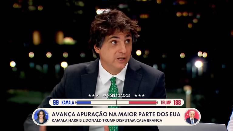 Foto mostra um trecho da participação de Guga Chacra na Globo. Ele veste um terno preto com camisa branca e gravata verde e está sentado. Guga é um homem branco, com cabelos castanhos arrepiados. Ele olha para a direita durante uma fala. Na frente da foto está uma arte que mostra 99, a quantidade de votos para Kamala Harris e 188 votos para Donald Trump, com um total de 270 delegados necessários para a vitória. A legenda informa que Kamala Harris e Donald Trump estão disputando a Casa Branca.