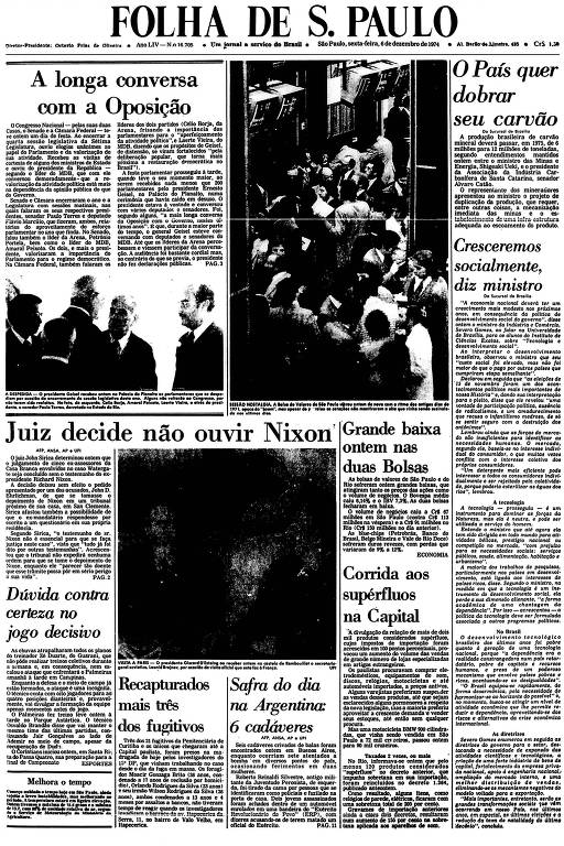 Primeira Página da Folha de 6 de dezembro de 1974