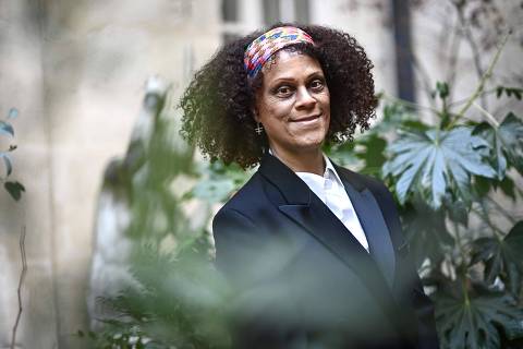 British author and academic Bernardine Evaristo poses during a photo session at a hotel in Paris on February 13, 2023. (Photo by Christophe ARCHAMBAULT / AFP)