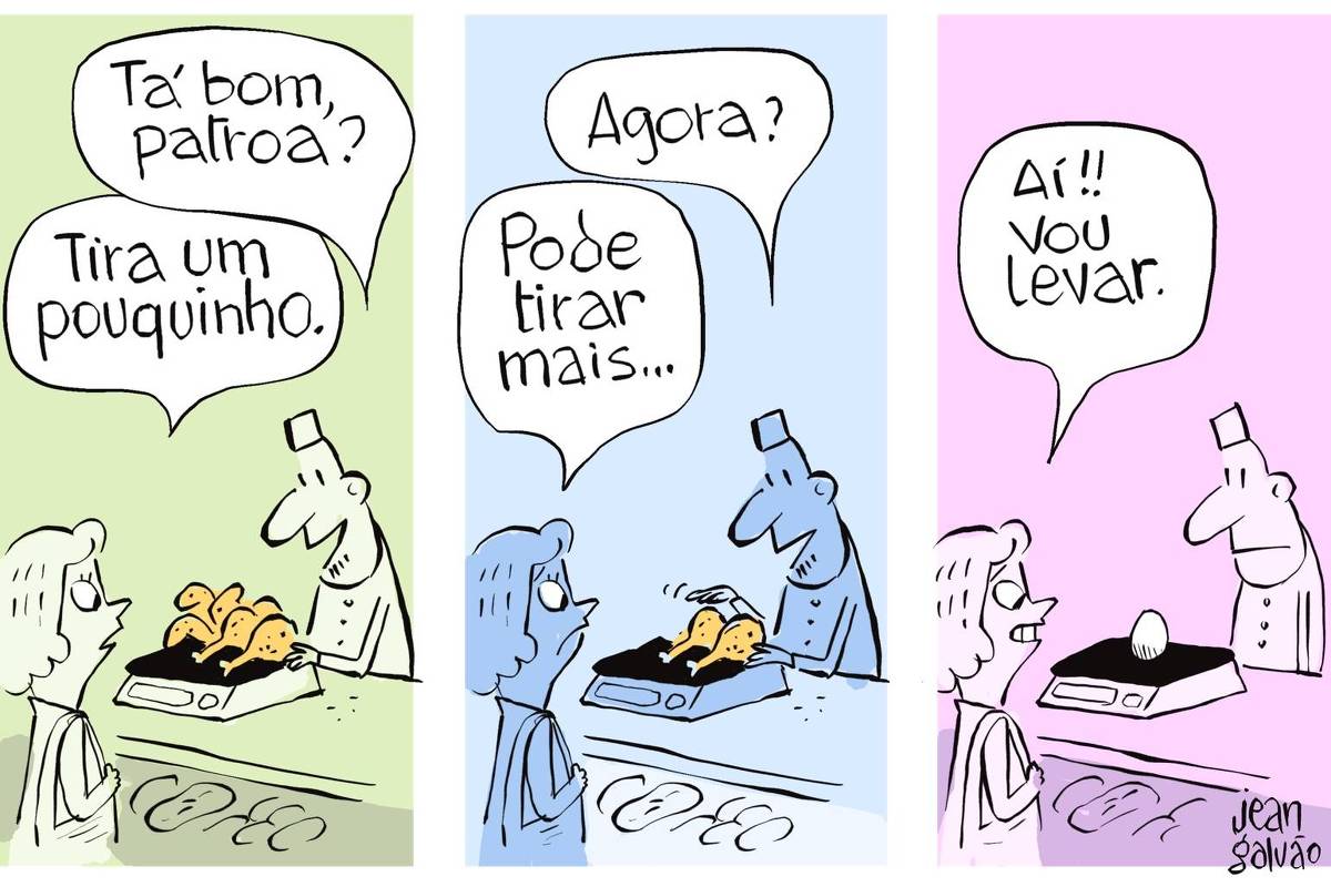 A charge de Jean Galvão publicada na Folha possui três quadros. No primeiro, uma cliente está diante do balcão de um açougue. O atendente põe alguns pedaços de frango numa balança e pergunta: “Tá bom, patroa?”A cliente responde: “Tira um pouquinho.” No segundo quadro, o açougueiro retira alguns pedaços, deixando menos frango. Ele  pergunta: “Agora?” E a mulher responde: “Pode tirar mais…” No terceiro quadro, resta apenas um ovo na balança. A cliente sorri e diz: “Aí!! Vou levar.”