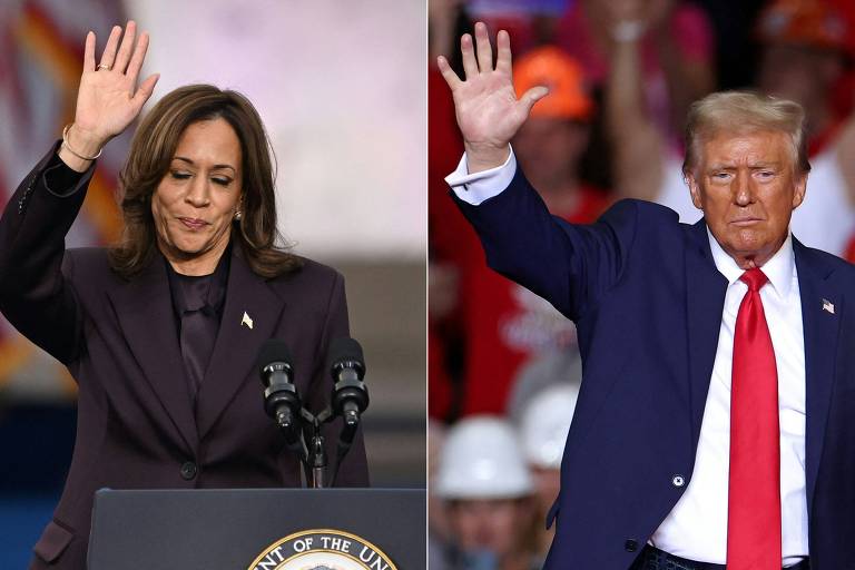 Duas imagens estão lado a lado. À esquerda, a vice-presidente dos EUA, Kamala Harris, aparece em um palanque, vestida de preto, e com uma das mãos levantada. À direita, o presidente eleito, Donald Trump, faz um gesto semelhante. Ele está em um comício com apoiadores e veste um terno azul marinho com gravata vermelha. Ele está com uma das mãos estendida. 