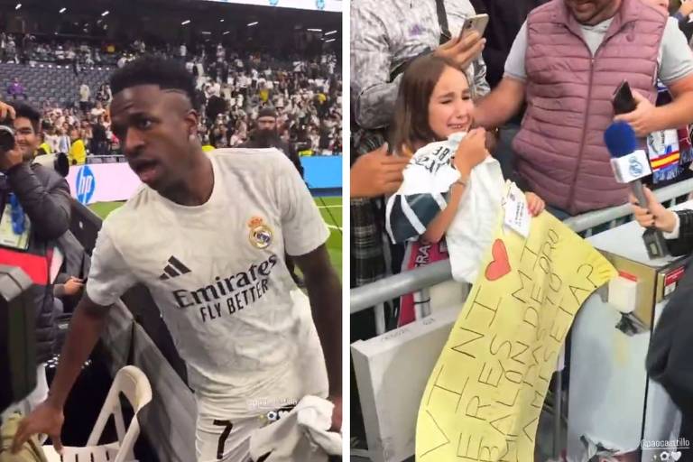 A imagem mostra dois momentos distintos de uma interação entre um jogador de futebol e uma jovem fã. À esquerda, um jogador do Real Madrid, vestido com um uniforme branco, parece surpreso enquanto se aproxima de um grupo de torcedores. À direita, uma menina, visivelmente emocionada, segura uma camiseta e um cartaz amarelo que diz: 'VINI, ERES MI BALÓN DE ORO, ¿ME PODES DAR TU CAMISETA?'. Ela está cercada por adultos que a apoiam.