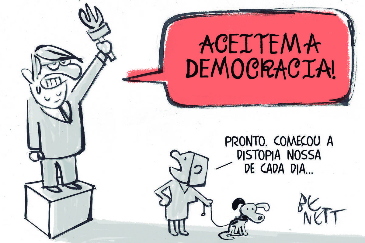 A charge de hoje publicada pela Folha em todas as suas plataformas é de Benett (@cartunistabenett). Ela apresenta uma crítica ácida ao conceito de democracia, revelando uma realidade distorcida e irônica. Nela, vemos o ex-presidente Jair Bolsonaro, erguendo uma tocha e proferindo a frase "Aceitem a democracia!". A ironia reside no fato de que, ao mesmo tempo em que impõe essa ideia, o personagem demonstra um claro desrespeito aos princípios democráticos, como a liberdade de expressão e a igualdade. Ao lado, uma mulher com um simpático cachorrinho comenta: "Pronto, começou a distopia nossa de cada dia.".