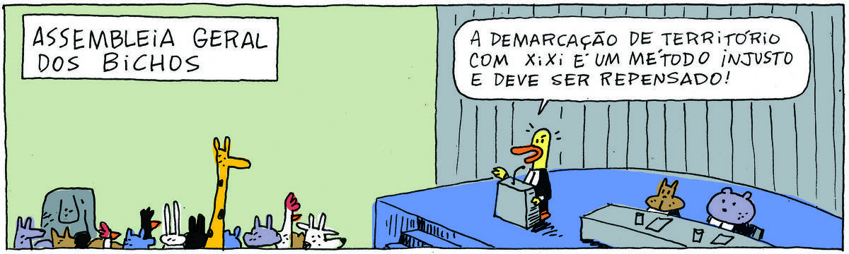 A tirinha ASSEMBLEIA GERAL DOS BICHOS, publicada em 13/11/24, traz um ambiente de assembleia semelhante ao de uma câmara de políticos. Do lado esquerdo o público composto por vários animais. No palco, uma mesa com os presidentes, que também são bichos. No púlpito, um pato dá seu pronunciamento a todos: A demarcação de território com xixi é um método injusto e deve ser repensado.