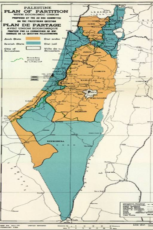 Mapa com o plano de partilha da região da Palestina em 1948