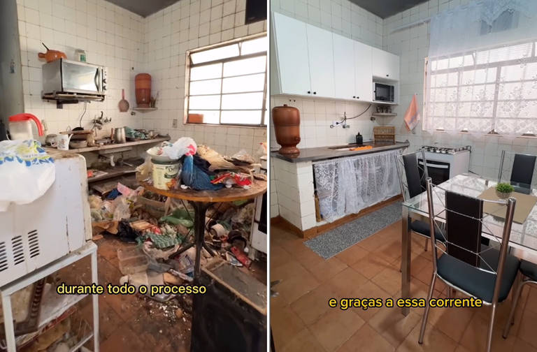 A imagem mostra uma comparação entre uma cozinha desordenada e suja à esquerda e a mesma cozinha limpa e organizada à direita. À esquerda, há lixo acumulado, utensílios sujos e uma mesa bagunçada. À direita, a cozinha está arrumada, com armários brancos, uma mesa de vidro e cadeiras pretas, além de uma pia limpa e um fogão. O texto na imagem menciona 'durante todo o processo' e 'e graças a essa corrente'.