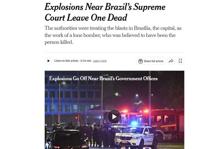 Site do americano The New York Times, um dos jornais mais importantes do mundo, destaca explosões na praça dos Três Poderes, em Brasília