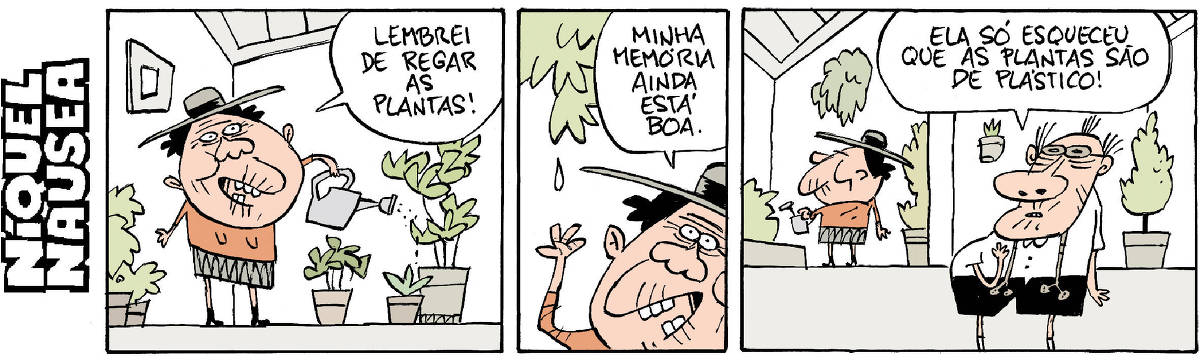 Quadrinho 01- Uma senhora de chapéu está com um regador na mão, regando as plantas. Ela diz: Lembrei de regar as plantas!  Quadrinho 02- Ela está pertinho de uma planta de onde escorre uma gota de água. A senhora diz: Minha memória ainda está boa!  Quadrinho 03- Ela está ainda regando as plantas ao longe e o velho aparece e diz: Ela só esqueceu que as plantas são de plástico!