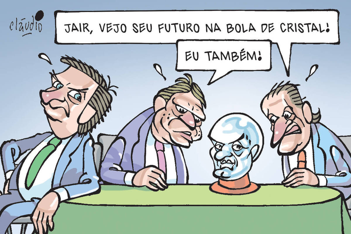 Charge de Cláudio mostra o ex-presidente Jair Bolsonaro, o governador de São Paulo, Tarcísio de Freitas, e o presidente do PL, Valdemar Costa Neto, em volta de uma mesa. No centro dela há a cabeça do ministro do STF Alexandre de Moraes formando uma bola de cristal. Valdemar diz para Bolsonaro: "Jair, vejo seu futuro na bola de cristal!". Tarcísio afirma: "Eu também!". Bolsonaro observa a cena com cara fechada e semblante de preocupação.