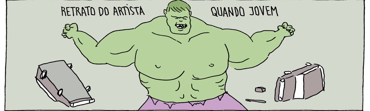 A tira de André Dahmer, publicada em 18.11.2024, tem apenas um quadro. Em uma paródia que mostra o Incrível Hulk muito irritado, há destroços e carros destruídos atrás dele. Uma legenda diz: "Retrato do artista quando jovem".