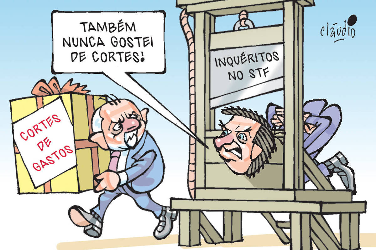 A charge mostra uma cena com Lula e Jair Bolsonaro. Ao fundo, Lula caminha segurando um pacote com a etiqueta “Corte de gastos”. Em primeiro plano, Bolsonaro aparece com a cabeça em uma guilhotina sobre um patíbulo. Na lâmina da guilhotina lê-se o texto “Inquéritos no STF”. Bolsonaro diz para Lula:  - Também nunca gostei de cortes!