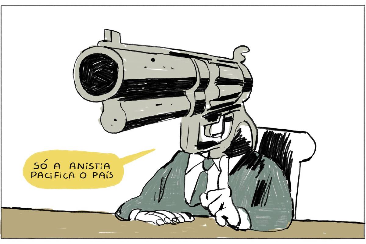 A charge tem apenas uma imagem. Ela mostra um homem de terno azul escuro sentado em frente a uma grande mesa de madeira; no lugar da sua cabeça, temos um grande revolver. Ele fala como se desse uma entrevista “Só a anistia pacifica o país!”