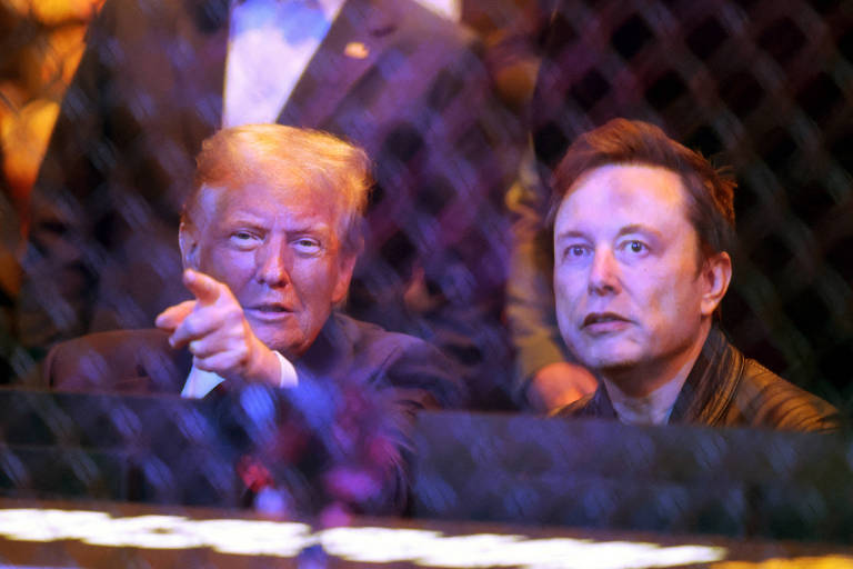 O presidente eleito dos Estados Unidos, Donald Trump, aparece sentado na plateia de um show de luta. ele aponta com o dedo esquerdo para o ringue. Ao seu lado está o empresário Elon Musk, CEO da Tesla, que olha para a direção apontada por Trump