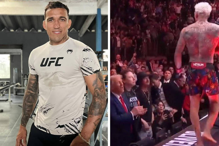 A imagem é dividida em duas partes. À esquerda, um homem com cabelo curto e tatuagens visíveis, vestindo uma camiseta branca com a logo do UFC, sorri em um ambiente de academia. À direita, um evento de luta com um lutador de costas, usando calções coloridos e com tatuagens visíveis, enquanto o público aplaude e observa. Entre os espectadores, há uma pessoa com cabelo claro e um homem de terno vermelho.