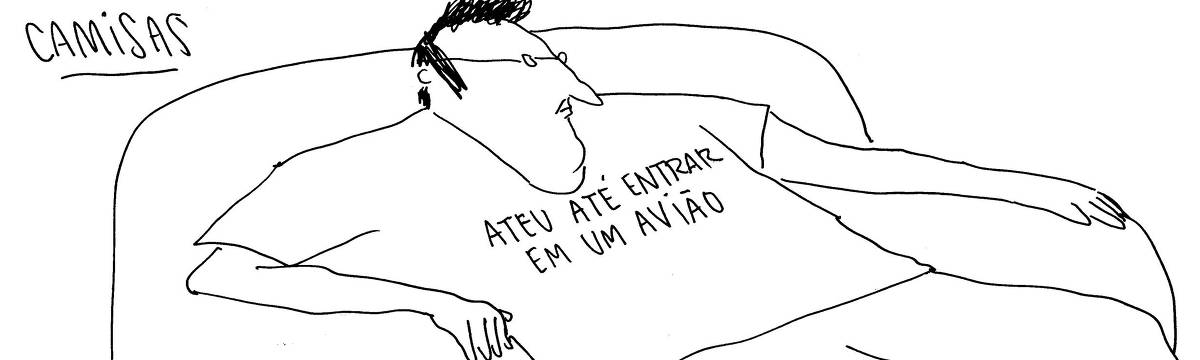 A tira de André Dahmer, publicada em 19.11.2024, tem apenas um quadro. Com a legenda "Camisas", um homem está sentado em uma poltrona. Em sua camiseta está escrito: "Ateu até entrar em um avião".