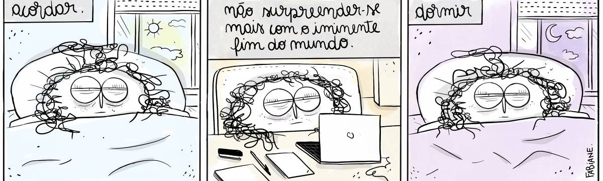 A tira Viver Dói, de Fabiane Langona,  publicada em 19/11/2024  é composta por três quadros horizontais. No primeiro quadro há uma moça deitada na cama com os olhos semi-fechados e circundados por olheiras. Sua face exprime cansaço e seu cabelo é bagunçado. Ao fundo, vemos uma janela onde é possível vermos o sol e algumas nuvens. No segundo a mesma pessoa está sentada em uma mesa, ainda com os olhos semi-fechados e olheiras, mas agora sentada em uma cadeira de escritório em frente a um laptop. Sobre a mesa vemos pilhas de papel, um grampeador, uma caneta e uma pasta. No terceiro, a pessoa está novamente deitada na cama, com os olhos semi-fechados, circundados por olheiras e o mesmíssimo cabelo bagunçado. Ao fundo, vemos a mesma janela, onde agora explicitando a imagem de uma lua  crescente e algumas nuvens. 