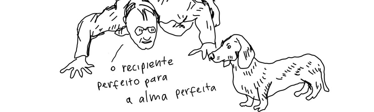 A tirinha em preto e branco de Estela May, publicada em 19/11/24, traz um homem agachado olhando um cachorro salsicha e dizendo “o recipiente perfeito para a alma perfeita”