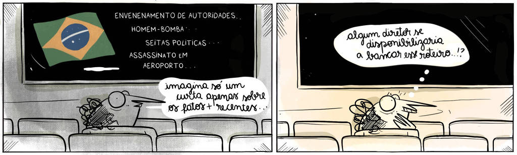 A tira Viver Dói, de Fabiane Langona,  publicada em 20/11/2024  é composta por dois quadros horizontais. No primeiro quadro, há um personagem sentado sozinho em uma sala de cinema vazio e escura. Ele está  olhando para uma tela que mostra a bandeira do Brasil e uma lista de tópicos, que dizem sequencialmente: “ENVENENAMENTO DE AUTORIDADES.., “HOMEM-BOMBA..”, “SEITAS POLÍTICAS..”, “ASSASSINATO EM AEROPORTO…”. No segundo quadro, o personagem continua sentado, agora com a sala de cinema iluminada. Ele mostra-se reflexivo.    No quadrinho 1, o personagem diz: "Imagina só um curta apenas sobre os fatos mais recentes..."   No quadrinho 2, o personagem diz a si mesmo, em pensamento: "Algum diretor se disponibilizaria a bancar esse roteiro...!?"