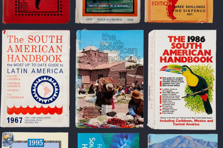 Capas de edições do South American Handbook， que completa 100 anos em 2024