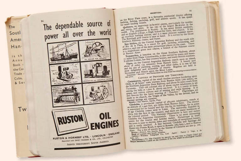 Páginas sobre a Argentina em edição dos anos 1940 com anúncios de empresas britânicas que atuavam lá