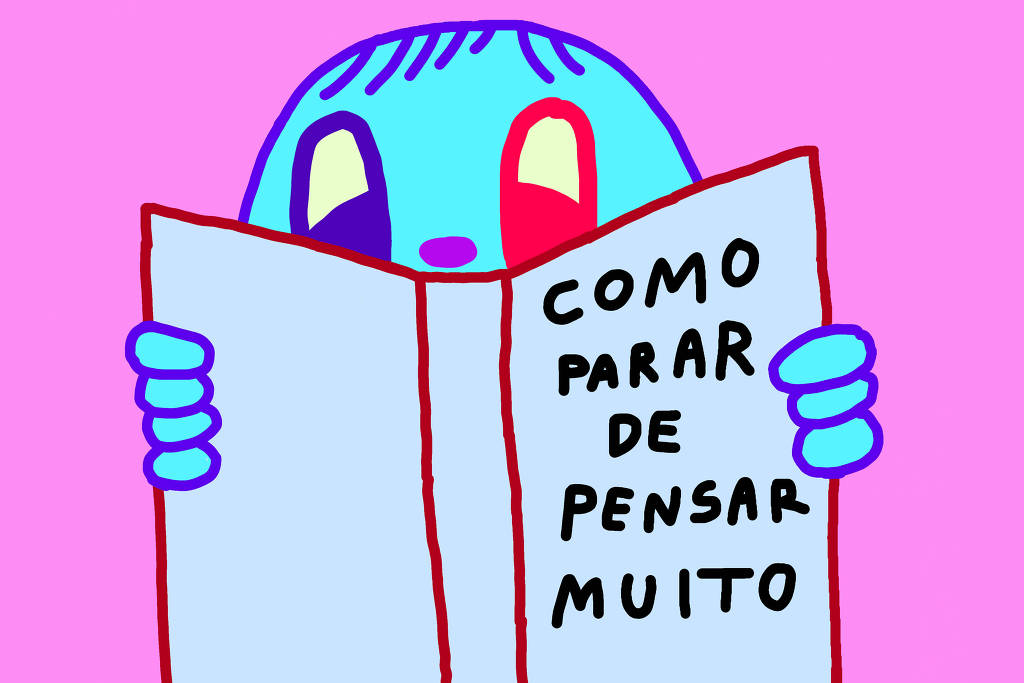 A imagem apresenta um personagem de cor azul claro, com olhos grandes e coloridos, segurando um livro aberto. O fundo é rosa e o livro contém o texto 'COMO PARAR DE PENSAR MUITO' escrito em letras pretas. O personagem parece curioso e envolvido na leitura.