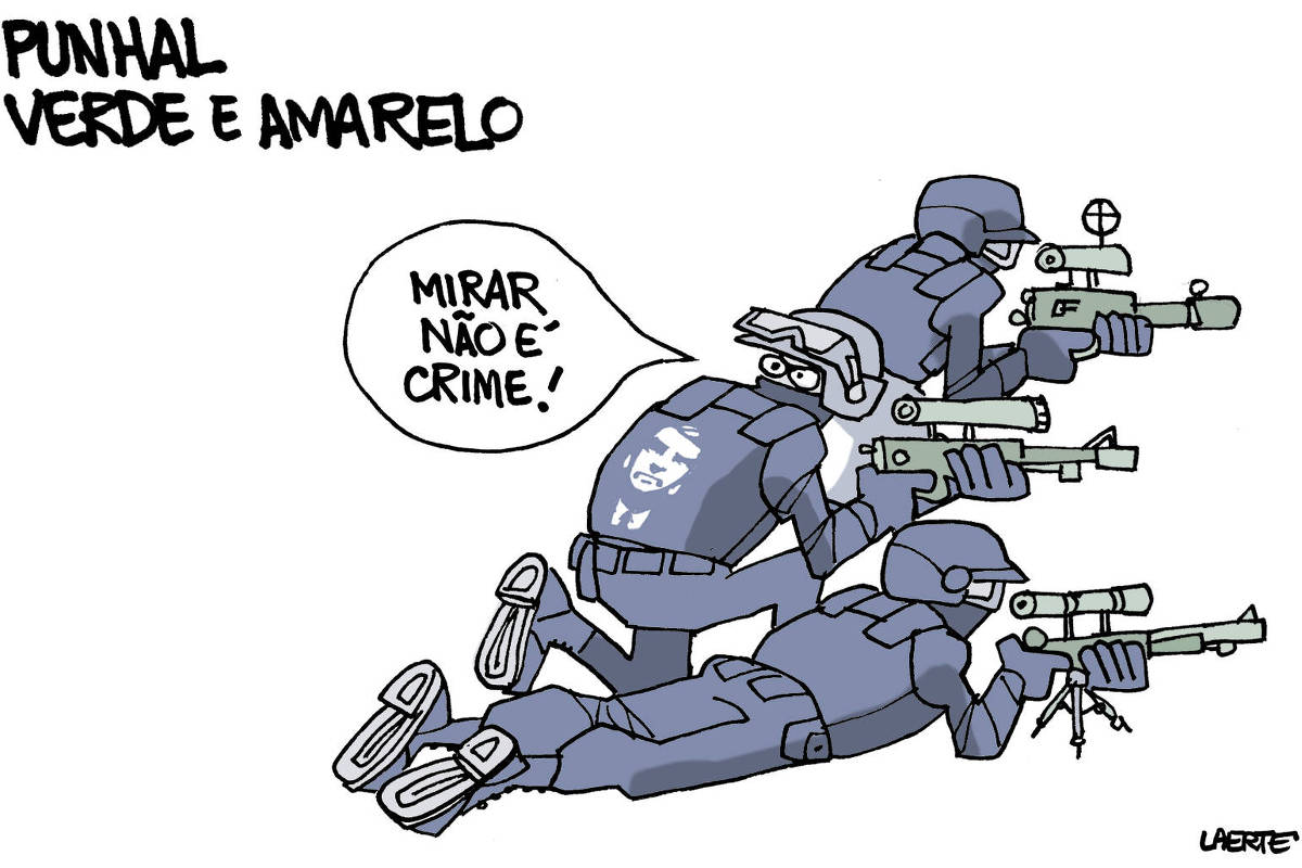 Charge de Laerte, com o título: “PUNHAL VERDE E AMARELO” Três homens, em trajes escuros de ação militar, com capacete e malha cobrindo o rosto, empunham fuzis com mira telescópica e fazem mira em algo fora de cena. Um deles se volta pra trás e exclama, defensivo: “MIRAR NÃO É CRIME!”