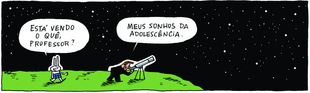 A tirinha Bicudinho, publicada em 21/11/2024, traz TATI MATISSE, uma coelhinha branca de orelhas compridas e saia azul e o PROFESSOR ROCHA, homem branco, gordinho, calça e paletó marrom, camisa branca e cavanhaque. É noite, o professor usa uma luneta para olhar o céu estrelado, no topo de uma colina. Tati chega e pergunta: Está vendo o quê, professor? Ele responde: Meus sonhos da adolescência.