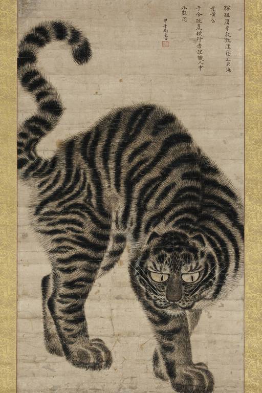 Pintura de um tigre feroz da época da dinastia Joseon; na cultura coreana， pinturas como essa tem o poder de afastar os maus espíritos