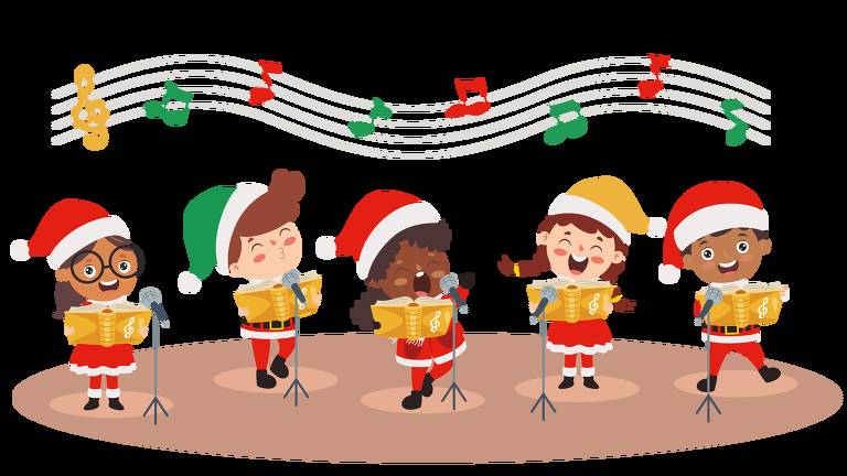 A imagem mostra cinco crianças cantando em um palco， vestidas com roupas de Natal. Elas usam chapéus de Papai Noel e seguram livros de música. As crianças estão em diferentes poses， algumas sorrindo e outras cantando animadamente. Acima delas， notas musicais coloridas flutuam， criando um ambiente festivo.