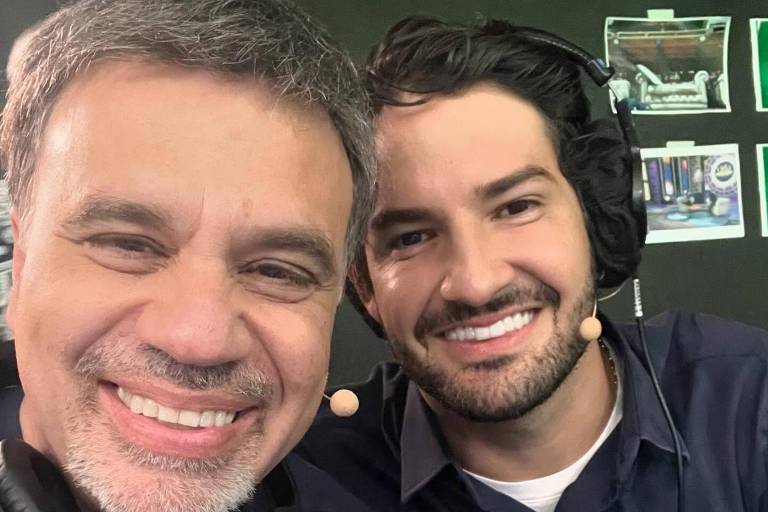 Mauro Beting (esq.) e Alexandre Pato (dir.) comentando a final da Copa Sul-Americana no SBT