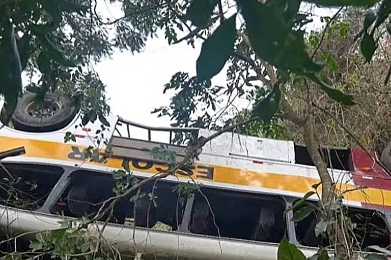 A imagem mostra um ônibus capotado, com a parte superior voltada para o chão, cercado por árvores e vegetação densa. O ônibus é de cor branca com detalhes em amarelo e vermelho, e algumas janelas estão visíveis. A cena sugere um acidente em uma área florestal.