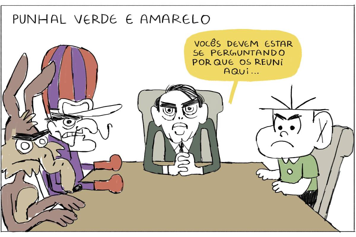 O título da charge é “Punhal verde e amarelo”, ela mostra uma grande sala de reunião com uma grande mesa. Na ponta, olhando para frente, está o ex presidente Jair Bolsonaro; ele parece irritado enquanto fala com os demais presentes do ambiente. Do seu lado, estão os personagens Cebolinha, da turma da Mônica; Dick Vigarista e o Coiote do Looney toons. O presidente se dirige a eles “vocês devem estar se perguntando porque os reuni aqui…”