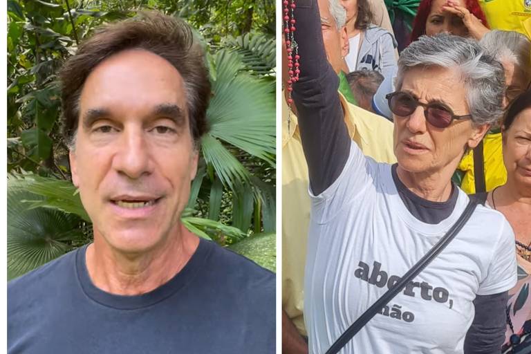 A imagem é dividida em duas partes. À esquerda, um homem com cabelo castanho e liso, vestindo uma camiseta preta, está em um ambiente natural com muitas plantas verdes ao fundo. À direita, uma mulher com cabelo curto e grisalho, usando óculos escuros e uma camiseta branca com a palavra 'aberto' em destaque, levanta a mão com um objeto em uma manifestação, cercada por um grupo de pessoas, algumas vestindo camisetas amarelas e verdes.