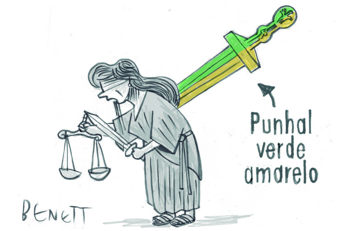 A charge de hoje publicada pela Folha em todas as suas plataformas é de Benett (@cartunistabenett). Ela mostra uma imagem que é a personificação da Democracia, tradicionalmente representada como uma figura feminina, com um punhal cravado punhal nas costas. Esse punhal, tem as cores da bandeira brasileira. Uma seta aponta para a arma onde se lê: Punhal Verde Amarelo - que é o nome dado para o plano golpista elaborado por militares com a participação de pessoas do governo, incluindo o ex-presidente Jair Bolsonaro.