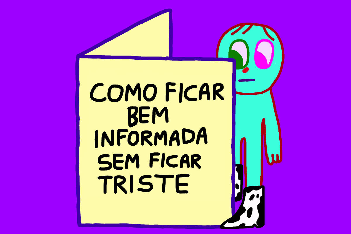 A imagem apresenta um fundo roxo com um personagem de cor azul claro, que tem olhos coloridos e está usando botas com estampa de vaca. O personagem segura uma folha amarela com o texto: 'COMO FICAR BEM INFORMADA SEM FICAR TRISTE'.