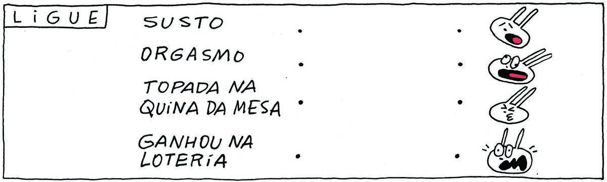 A tirinha LIGUE, traz duas colunas, a da esquerda com 4 opções de texto e a da direita com 4 opções de desenho. O objetivo é ligar cada texto ao seu desenho correspondente. As opções de texto são: Susto, orgasmo, topada na quina da mesa e ganhou na loteria. As opções de desenho são 4 rostos de uma coelhinha, a Tati Matisse, com expressões diferentes: com a boca aberta e os olhos fechados, assustada, com olhos bem fechados e biquinho e apavorada.