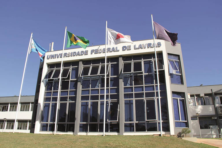 A imagem mostra a fachada da Universidade Federal de Lavras， com um edifício moderno e janelas grandes. Na frente， há várias bandeiras hasteadas， incluindo a bandeira do Brasil， uma bandeira azul， uma bandeira do Japão e uma bandeira preta. O céu está limpo e azul， e a grama está bem cuidada na parte inferior da imagem.