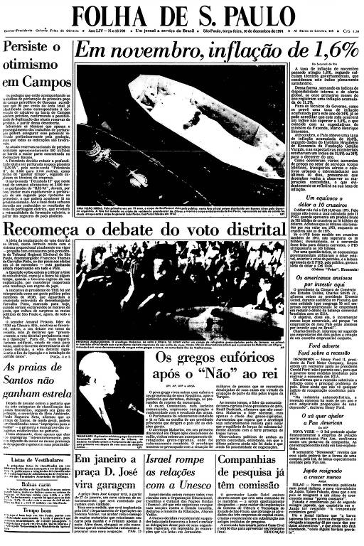 Primeira Página da Folha de 10 de dezembro de 1974