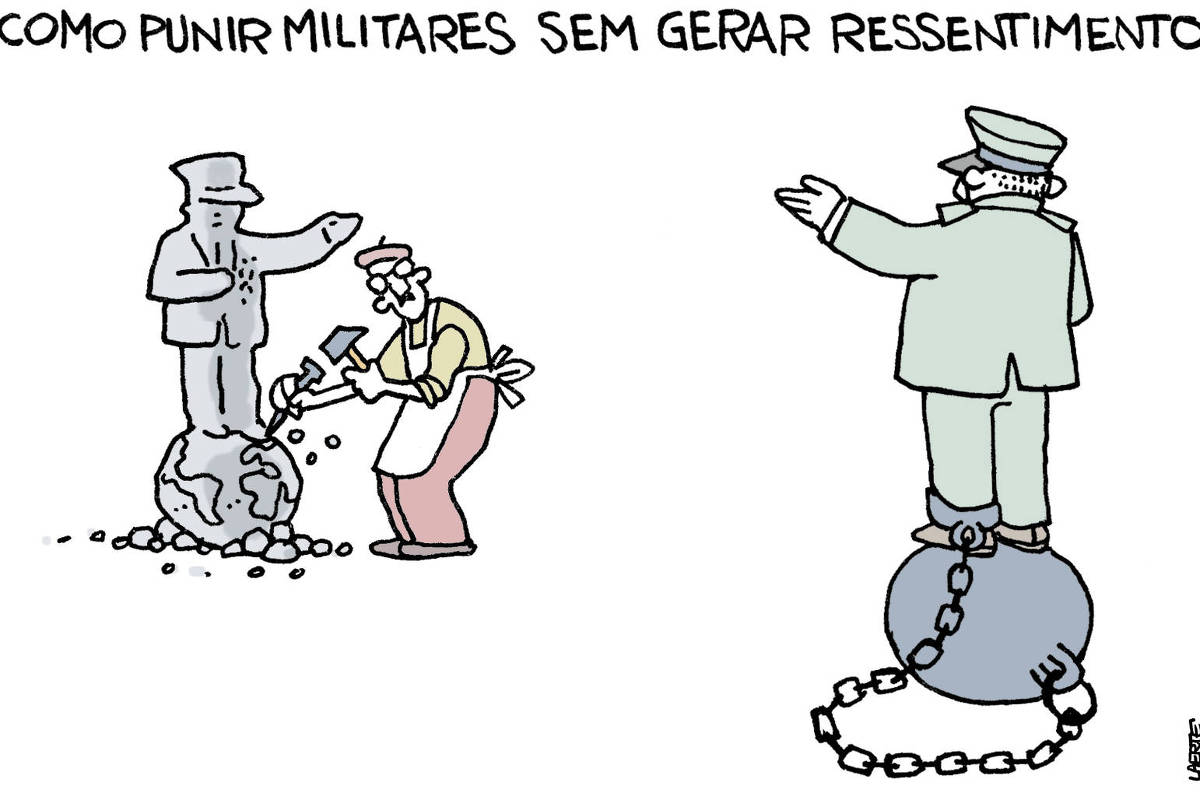 Charge de Laerte, com o título: “COMO PUNIR MILITARES SEM GERAR RESSENTIMENTO”. Um escultor usa cinzel e martelo para fazer uma estátua onde um militar está parado sobre um globo terrestre, com uma mão meio erguida. Em frente, um militar faz a pose para a estátua, de pé sobre uma bola de ferro ligada a seu tornozelo por uma grossa corrente.